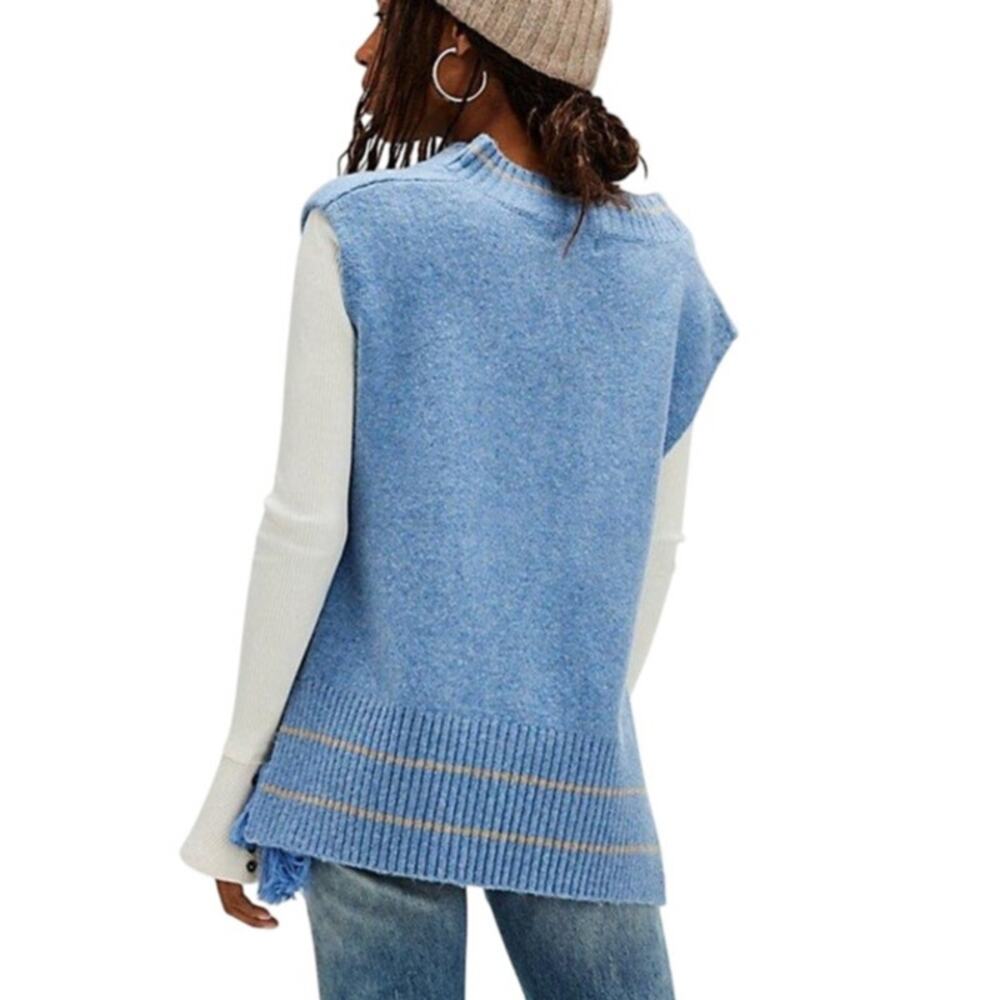 Free People All Star Striped Poncho Vest OS Blue Tassel Tie Boho Knit - Picture 3 of 13